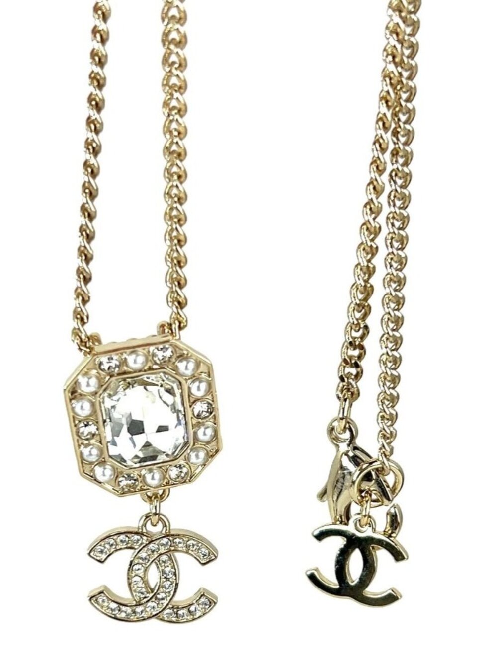 Chanel Gold Tone CC Pearl Crystal Pendant Necklace